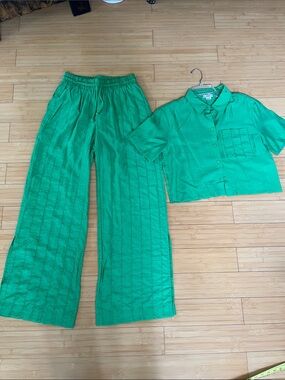 Jason Wu Women Emerald Green Wide-Leg Pants & Cropped Button Shirt Set Size S